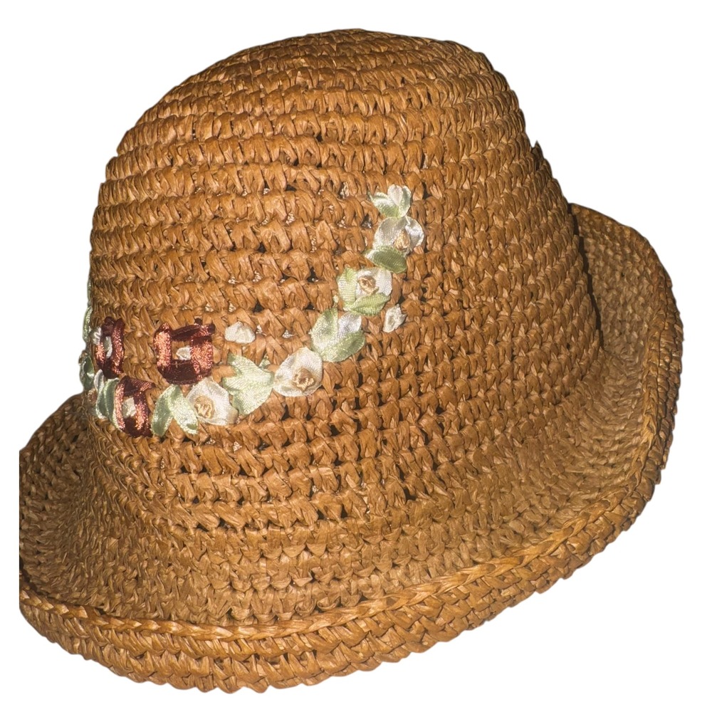 Woven Straw Bucket Hat Floral Embellishment Flowers Summer Beach Vacation Women - Picture 4 of 8